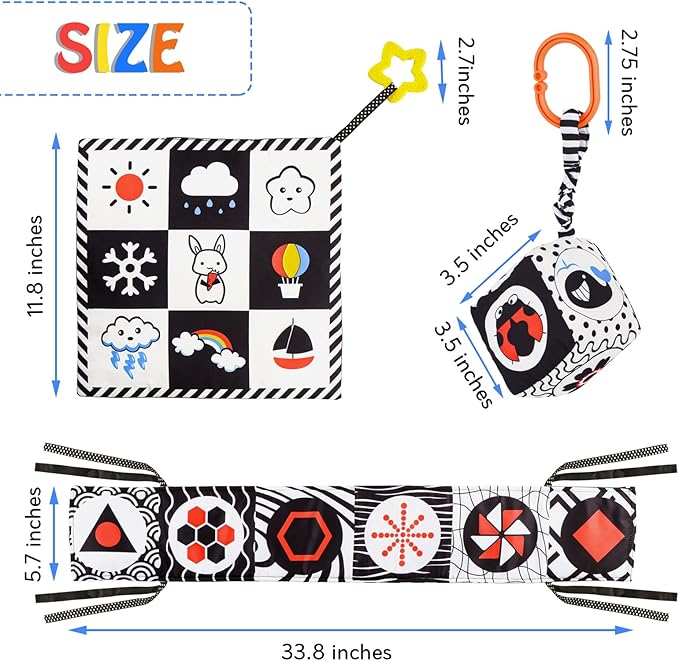SAMMAS 3 Pcs Black and White High Contrast Baby Toys, 0-6 Months, Sensory Soft Book, Montessori Toys for Babies