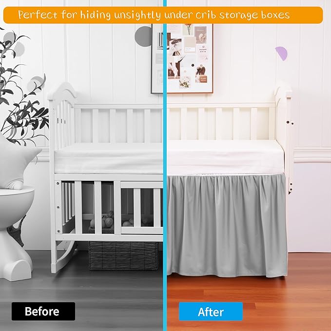 Crib Bed Skirt Dust Ruffle 100% Cotton - Natural, Soft, Breathable for Baby's Delicate Skin, Nursery Toddler Crib Bed Skirt for Baby Boys Girls, Fits Standard Cribs 28" x 52" with 14" Drop