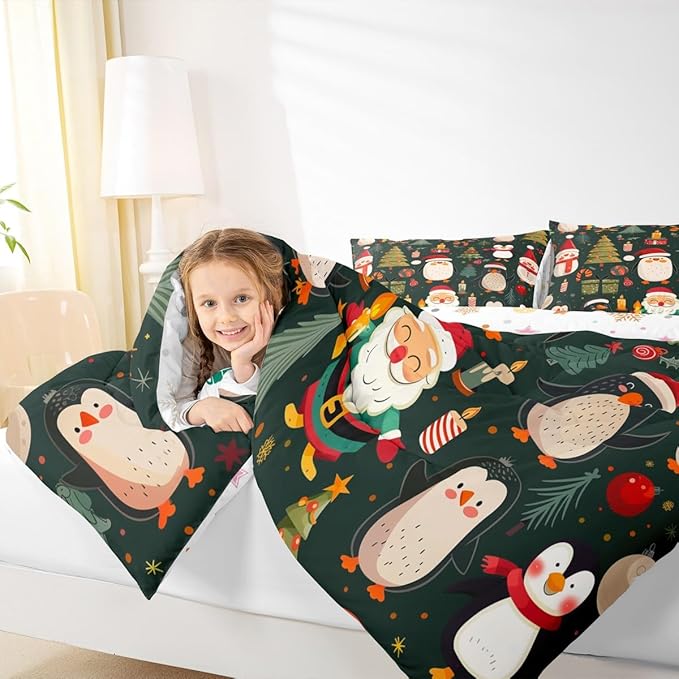 Feelyou Christmas Bedding Set Soft for Boys Girls, Penguin Santa Comforter Set King Size Xmas Tree Snowflake Duvet Quilt Microfiber New Year Gift Bedroom Decor 3 Pcs with 2 Pillow Cases