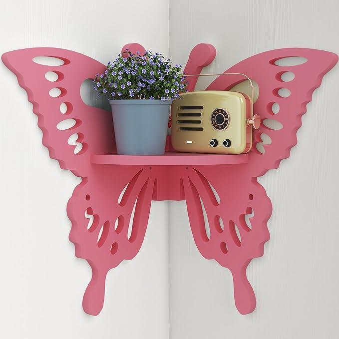 Butterfly Corner Shelf Nursery Wall Deor Floating Corner Shelf for Kid’s Room, Small Cute Decorative Shelf Wall Mounted, Pink Hanging Hollow Out Shelf for Toys, Plants and Decorations Storage, Pink
