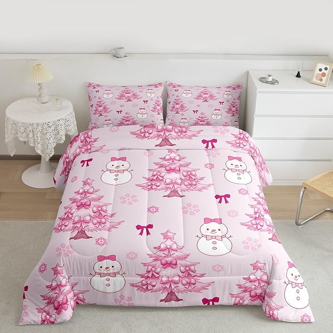Feelyou Merry Christmas Bedding Set Soft for Boys Girls, Cute Snowman Comforter Set Twin Size Cartoon Bowknot Duvet Quilt Microfiber Christmas Tree 2 Pcs with 1 Pillow Cases
