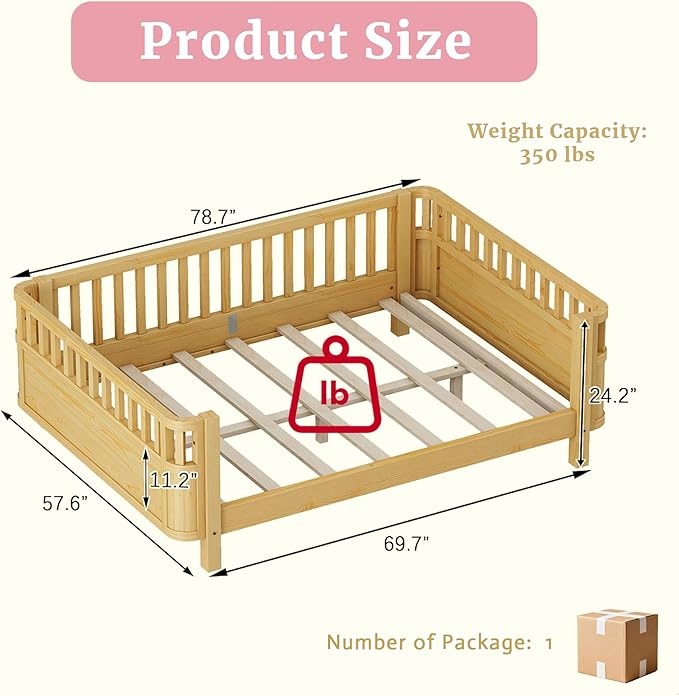 Full Kids Floor Bed Frame with Rails, Wood Low Montessori Platform Bed with Slats Support, Modern Daybed with Detachable Side Rails, Space Saving Kids Beds for Boys Girls Bedroom, Natural