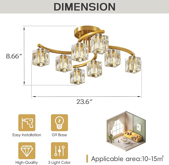 Gold Semi Flush Mount Ceiling Light Fixture, 8-Light Modern Chandelier with K9 Crystal for Living Room, Bedroom, Kitchen，Entryway Light