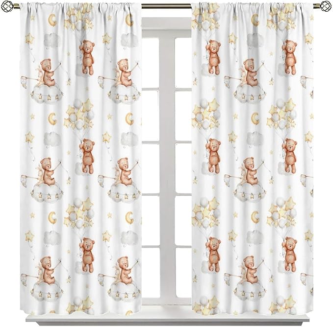 Cartoon Bear Curtains, Cute Lovely Bear Star Cloud Ballon Pastel Blackout Window Treatments, Rod Pocket Thermal Insulated Drapes 2 Panel Sets for Kids Bedroom Nursery Classroom, 63" W X 63" L