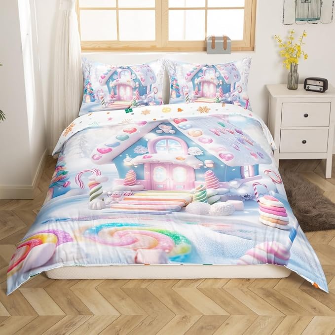 Manfei Christmas Kids Duvet Cover Set Twin Size, Cute Candy Cabin Xmas Bedding Set for Boys Girls Room Decor, New Year Winter Comforter Cover, Soft Polyester Quilt Cover, 1 Pillowcase, No Comforter