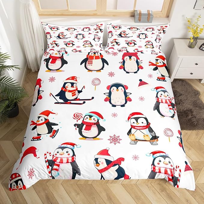 Feelyou Cartoon Penguin Duvet Cover Funny Animal Printed Christmas Day Bedding Set for Kids Room Cute Polar Animal Pattern Decor Comforter Cover Set Snowflake Bedspread Cover 3Pcs Zipper King Size