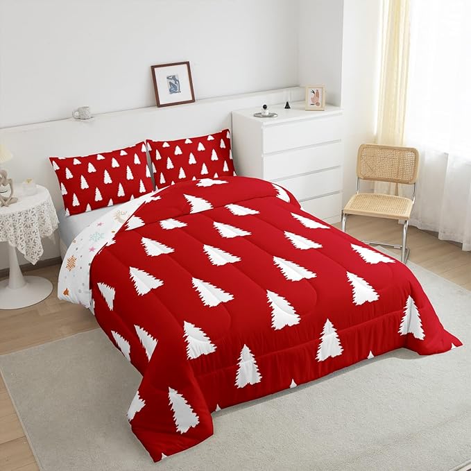 Feelyou Red Christmas Trees Bedding Set for Kids Boys Girls Queen Size Xmas Comforter Set Ultra Soft Winter Comforter Holiday Decor Duvet Quilt Bedroom Decor Christmas Ornaments Quilt