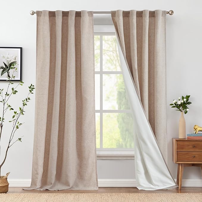jinchan Taupe Lined Linen Blend Curtain for Living Room 96 Inch Length 2 Panels Curtains for Sliding Glass Doors, 50 Inch Wide Drapes with Rod Pocket Back Tab(50W x 96L, Taupe)