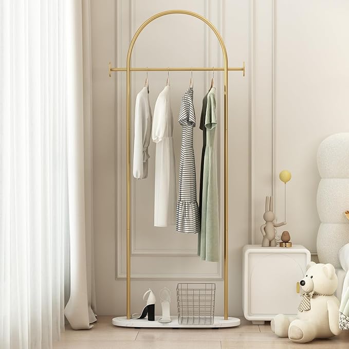 Gold Clothing Rack with Marble Base, Modern Gold Coat Racks Freestanding with 2 Hooks, Heavy Duty Clothes Rack, Coat Rack Stand for Entryway, Bedroom, Living Room, Boutiques
