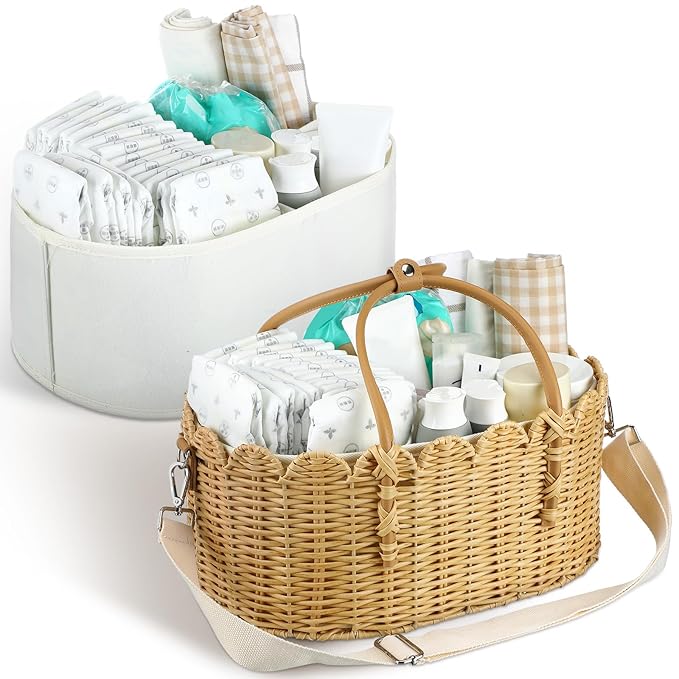Baby Diaper Caddy Organizer Crafted Scalloped Rattan Basket with Shoulder Strap and Removable Divider Diaper Caddy Basket for Baby Shower Gifts Newborn