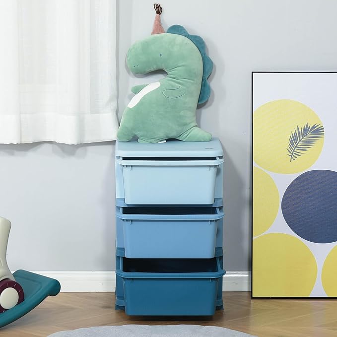 Qaba 3 Tier Kids Storage Unit, 3 Drawer Chest Toy Organizer Plastic Bins for Kids Bedroom Nursery Kindergarten Living Room for Boys Girls Toddlers, Blue