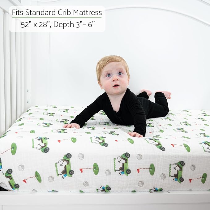 LollyBanks Muslin Crib Sheets 2 Pack, 100% Cotton Neutral Baby Crib Sheets for Standard 52"x28" Mattress, Soft Fitted Sheet for Boys and Girls, Baby Bedding Essentials (Golf Cart and Golf Balls)