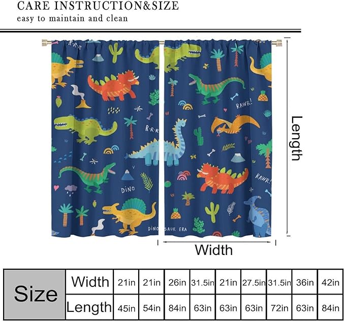 Funny Dinosaur Blackout Curtains Colorful Cartoon Animals Dino Tropical Plant Art Print for Kids Boys Bedroom Living Room Rod Pocket Decoration Window Drapes 2 Panels W21xL54in