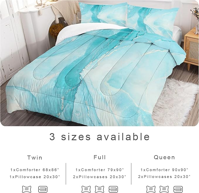 Blue Comforter Set Queen: Aqua Blue Marble Bedding Set for Teens Girls Boys Abstract Teal Blue Marbling Quilt Duvet Queen Size Bed Sets 1 Comforter & 2 Pillowcases