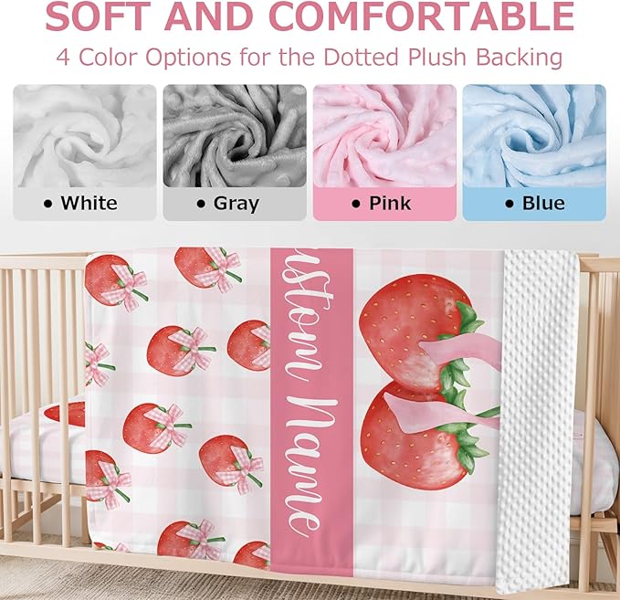 Personalized Baby Crib Bedding Set,3 Piece Custom Name Nursery Set with Blanket, Fitted Sheet & Pillowcase for Baby Girls & Boys, Strawberry Bow Theme(Fixed Size)