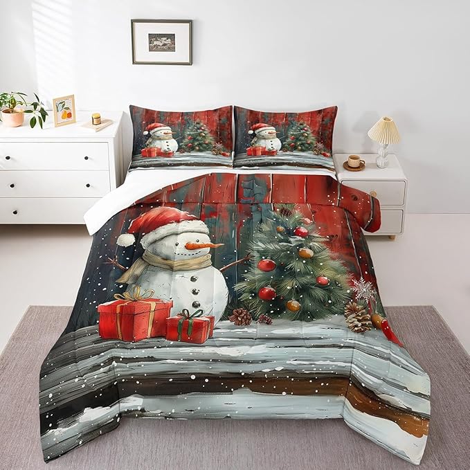 Merry Christmas Comforter Set Twin Size,Snowman Christmas Tree Bedding Set for Kids Boys Girls Room Decor,Snowflake Winter Theme Quilt Set 2Pcs,Retro Rustic Barn Stripes Duvet Insert,1 Pillowcase