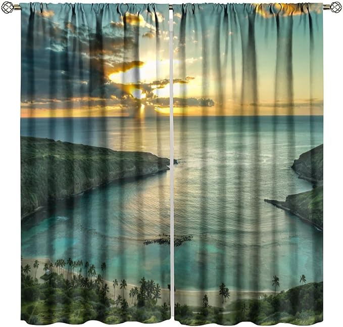 Ocean Beach Curtains,OceanMorning Sunrise Hawaiian Seaside Scene Pattern Blackout Print Home Bedroom Living Room Window Treatments 2 Panel Set 42x54 Inch