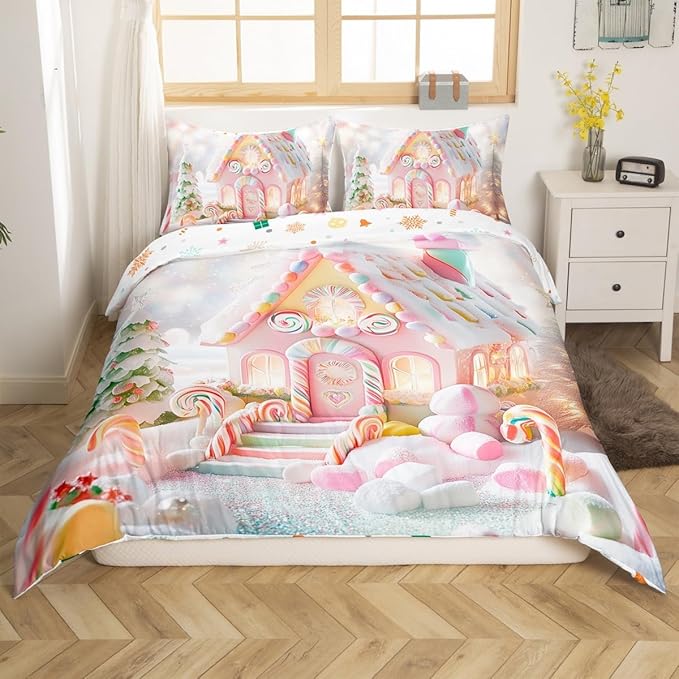 Manfei Christmas Kids Duvet Cover Set King Size, Cute Candy Cabin Xmas Bedding Set for Boys Girls Room Decor, New Year Theme Comforter Cover, Lightweight Bedspread Cover, 2 Pillowcases, No Comforter