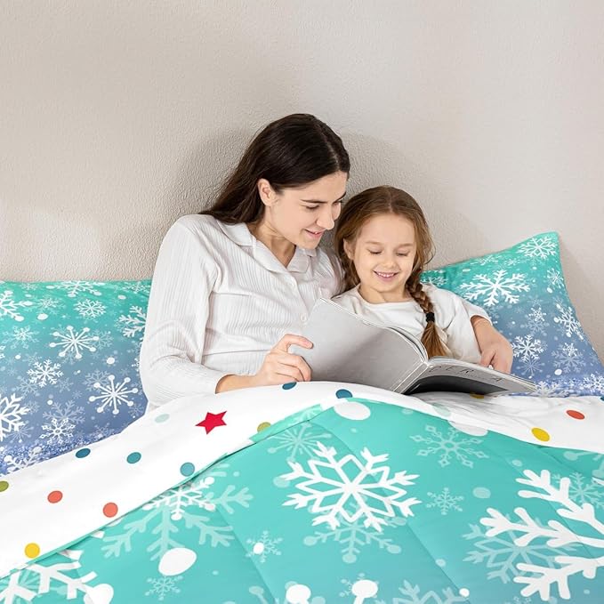 Feelyou Winter Snowflake Kids Comforter Set Full Size Christmas Bedding Set Winter Holiday Duvet Quilt for Kids Boys Girls Bedroom New Year Decor Microfiber Ultra Soft Breathable