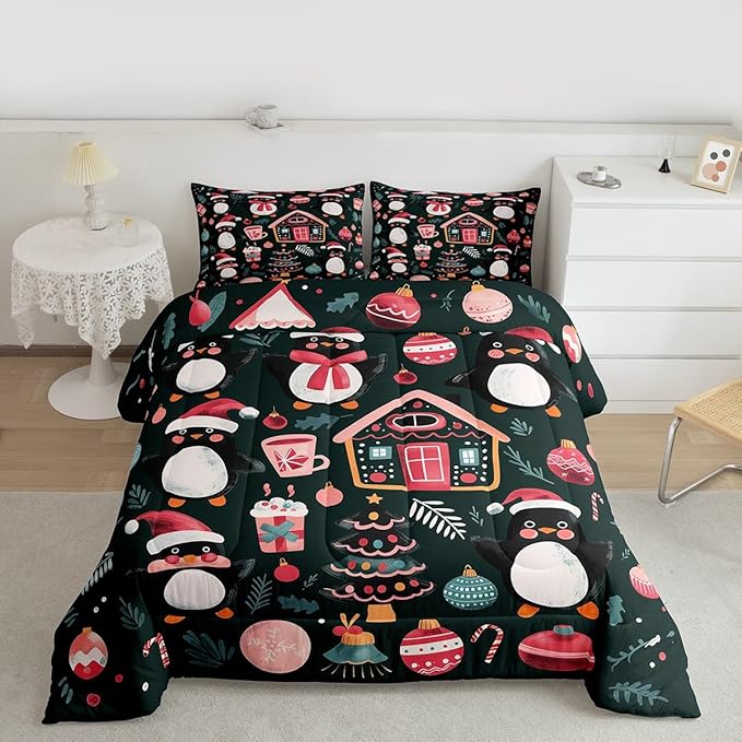 Feelyou Christmas Kids Comforter Set Twin Size Xmas Tree Ball Bedding Set Penguin Duvet Quilt for Kids Boys Girls Bedroom Gingerbread Houses Decor Microfiber Ultra Soft Breathable