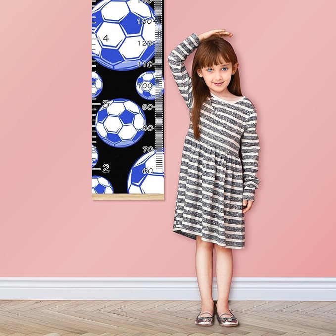 Personalized Kids Name Growth Chart Ruler for Wall Wood Frame Height Measure Chart 13.4x56 in Linen Hanging Height Growth Chart Football Soccer Blue Kids Room Decor