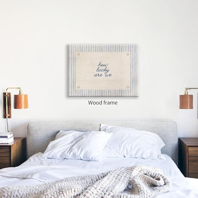 How Lucky Are We Quote Wall Art Navy Blue Positive Affirmations Poster 16x24 inch Framed Trendy Minimalist Aesthetic Canvas Prints for Dorm Bedroom Wall Decor