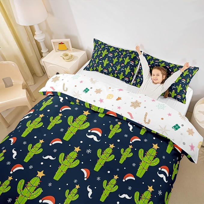 Feelyou Christmas Duvet Cover Boys Cartoon Cactus Xmas Theme Bedding Set for Kids Teens Ultra Soft Snowflake Comforter Cover Set New Year Bedspread Cover Room Decor Queen Size Bedclothes Zipper