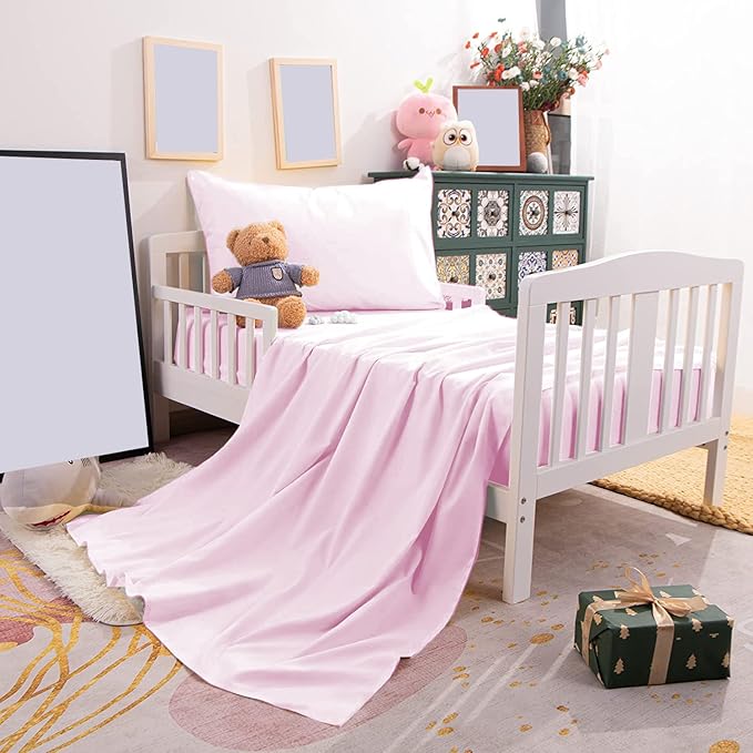 PLAIN PRINTED LINEN 3-Piece Toddler Sheet Set, 100% Cotton Fitted Sheet, Flat Sheet and Envelope Pillowcase, Toddler Bed Set, Mini Crib Sheets (Pink Solid)