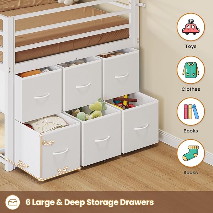 BTHFST Low Loft Bed Twin Size with 6 Storage Drawers, LED Lights, 2 Tier Storage Shelves, Kids Metal Loft Bed with 15" H Stairs & Safety Guardrail, Spave Saving, White