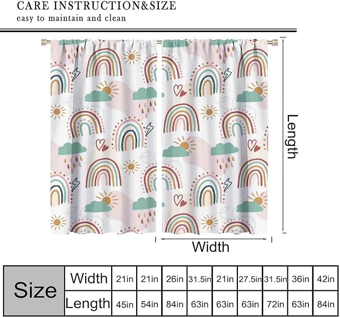 Kids Rainbow Curtains Boho Cartoon Colorful Stars Love Heart Lovely Abstract Art Pattern Print Window Drapes for Girl Bedroom Living Room Kitchen Decor,2 Panel Set,42Wx63H Inch Blackout