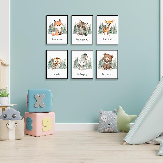 gooptyinh Framed Woodland Nursery Animal Canvas Wall Art, 6 Piece Inspirational Forest Animals Print Posters, Motivational Quotes Cute Bear Fox Rabbit Deer Raccoon Owl Decor for Baby Bedroom 12x16in