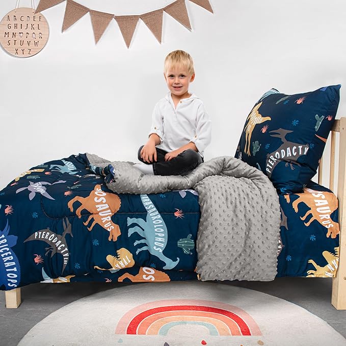 Toddler Bedding Set, Plush Minky Fabric Crib Bedding Set for Girls, Breathable and Soft Baby Crib Bedding Set, Includes Toddler Comforter, Flat Sheet, Fitted Sheet and Pillowcase (Green Dinosaur)