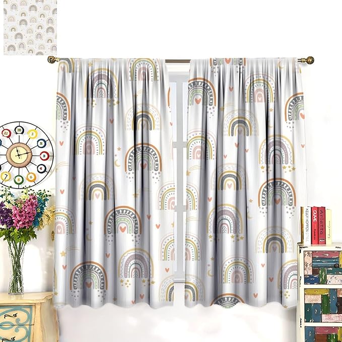 Kids Rainbow Curtains Boho Cartoon Colorful Stars Love Heart Lovely Abstract Art Pattern Print Window Drapes for Girl Bedroom Living Room Kitchen Decor,2 Panel Set,42Wx45H Inch Decor