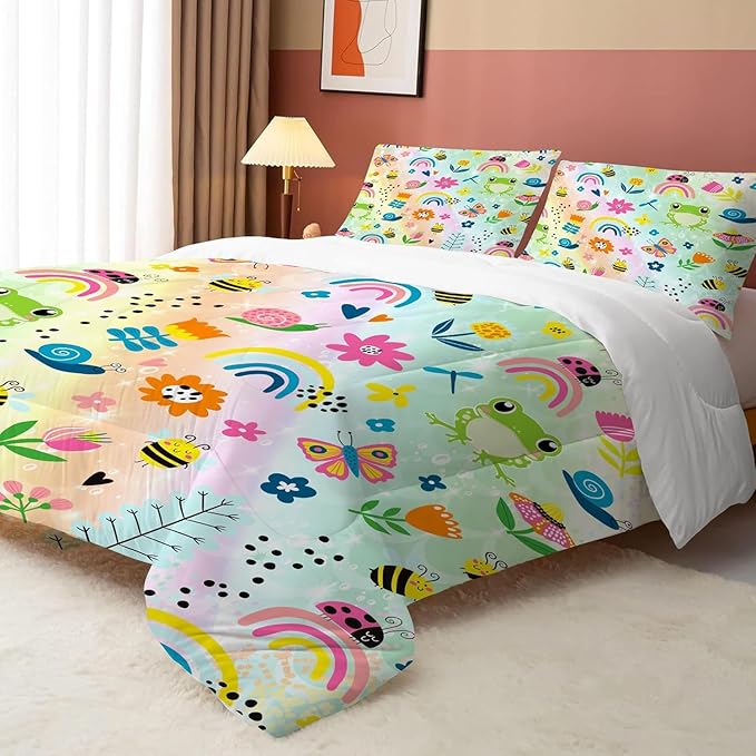 Rainbow Comforter Set Queen Size Cartoon Frogs Bedding Sets for Girls Kids Women Boys Flowers Butterfly Bees Snails Insects Cute Kawaii Quilt 1 Comforter + 2 Pillow Cases