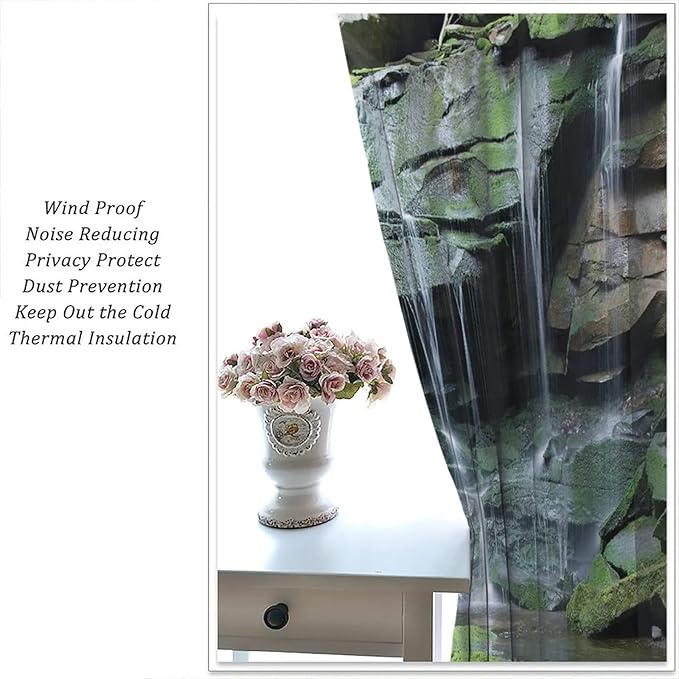 Forest Waterfall Blackout Windows Curtains, Rocky Waterfall to Pond Running Off Scenic Nature Themed Picture Print Curtains, for Living Room Bedroom 42x54in 2 Panels