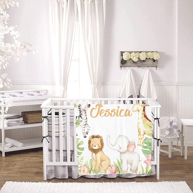Personalized Safari Cute Animals Tropical Baby Blanket with Name for Girls Boys Custom Nursery Kids Blankets for Baby Shower Birthday Gifts Customized Baby Throw Soft Fleece 30 x 40 inch