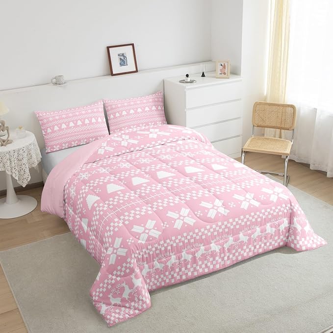 Feelyou Pink Christmas Bedding Set for Kids Boys Girls Full Size Xmas Deer Elk Decor Comforter Set Ultra Soft Winter Comforter Snowflake Duvet Quilt Bedroom Decor Christmas Ornaments Quilt