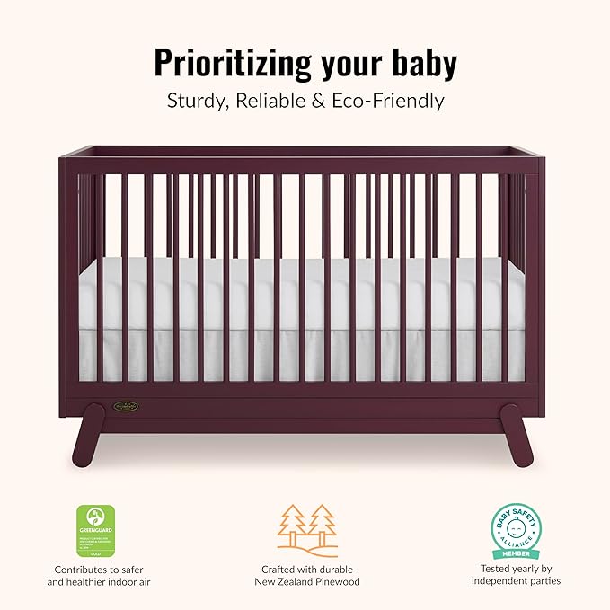 Dream On Me Hygge 5-in-1 Convertible Full-Size Baby Crib in Auburn, GreenGuard Gold & JPMA, Converts to Toddler, Day & Full-Size Bed, Adjustable Mattress Heights, Modern Nursery