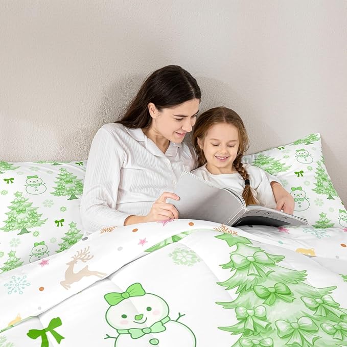Feelyou Merry Christmas Comforter Set All Season Cute Snowman Bedding Set with 1 Pillow Cases Cartoon Bowknot Microfiber Kids Toddler Bedclothes Christmas Tree Duvet Quilt Soft Lightweight