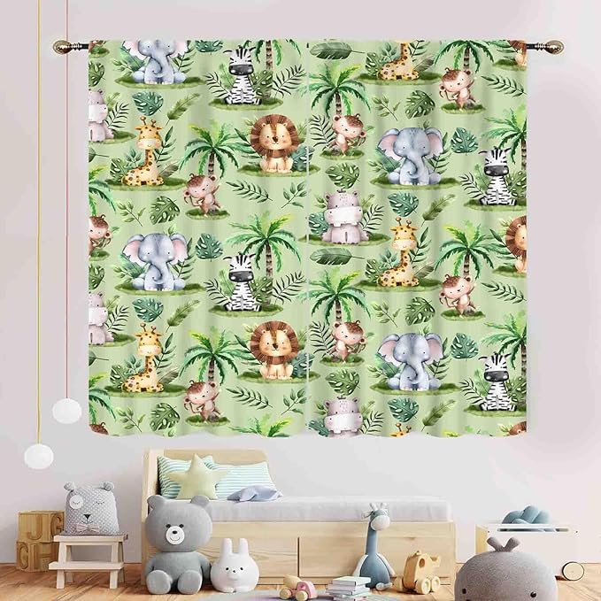 Jungle Safari Animals Curtains, Cartoon Animals Lion Giraffe Elephant Woodland Tropical Leaf Green Window Drapery for Kids Boys Girls Baby Living Room Bedroom Nursery 2 Panels, 42"x54" Inch