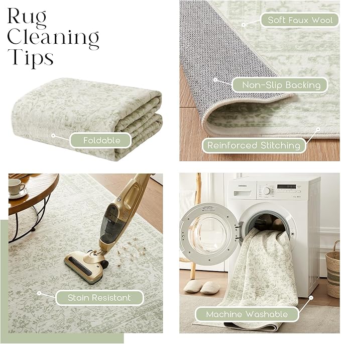 Sage Green Area Rugs Washable Rug for Living Room Bedroom, Faux Wool Soft No Slip Floral Boho Vintage Extra Large Carpet for Dining Room 9x12