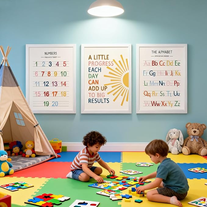 3 PCS Alphabet Numbers Framed Playroom Wall Decor,Classroom Must Haves,A Little Progress Each Day Boho Educational ABC Poster Wooden Sign for Baby Girl Kid Boy Toddlers,Neutral Preschool English Letters Nursery Decor for Homeschool Kindergarten Kids Le...