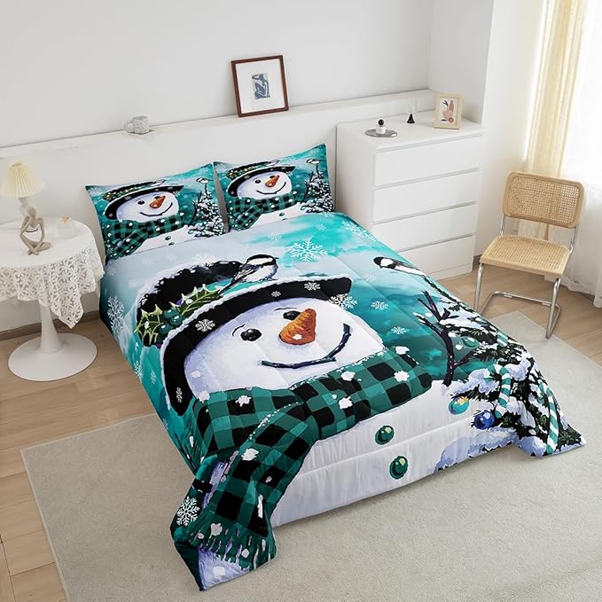 Feelyou Kids Christmas Theme Decorations Bedding Set Xmas Snowman Comforter Set for Boys Girls Snowflake Kawaii Cute Comforter Watercolor Teal Quilt Set Bedroom Collection Toddler Size