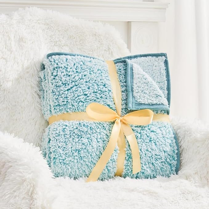 EMME Soft Sherpa Fleece Blanket Reversible Plush Fluffy Large Blanket, Light Weight Warm Decorative Boho Blanket Cover for Sofa, Couch, Bedroom,Travel(Plush Teal,90"x90")