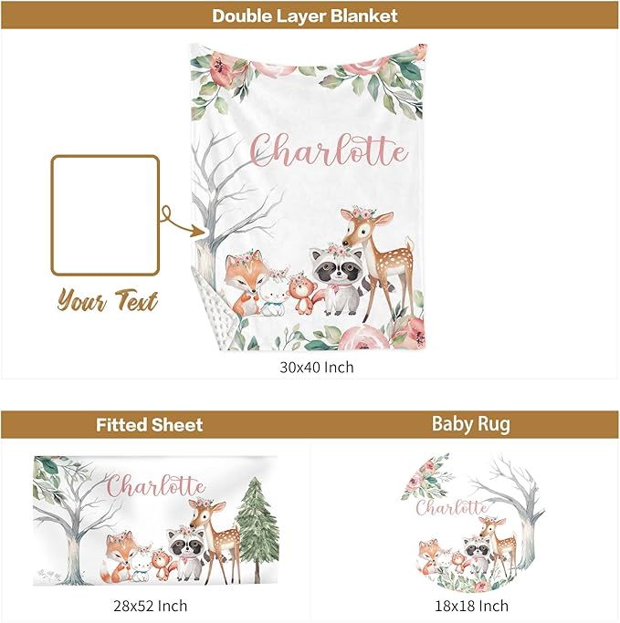 Custom Baby Crib Bedding Set, 3 Pcs Personalized Nursery Bedding Set with Name, Soft Baby Bedding Crib Sets with Blanket - Toddler Crib Sets for Girls Boys, Newborn Gifts, Pink Forest Animals