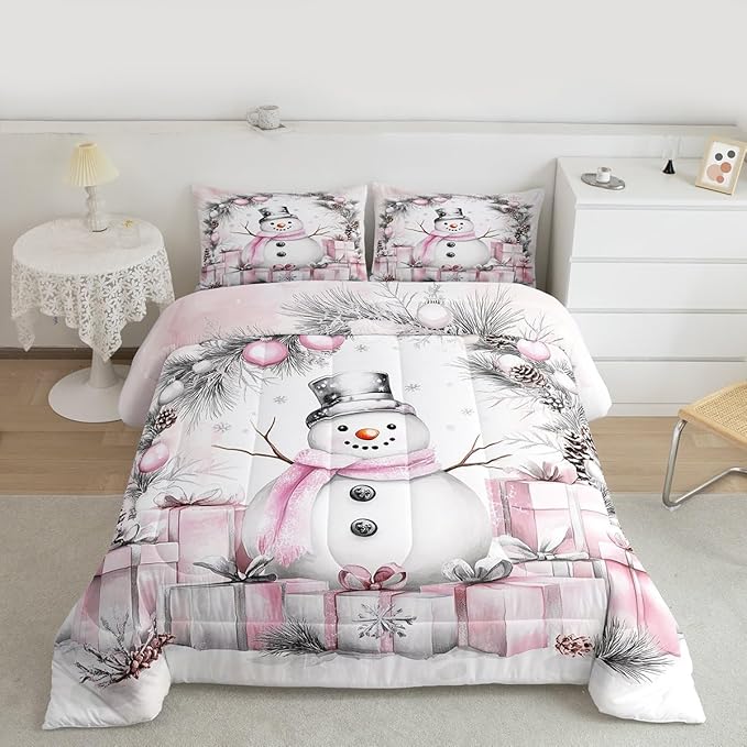 Feelyou Merry Christmas Comforter Set All Season Cute Snowman Bedding Set with 2 Pillow Cases Microfiber Kids King Bedclothes Snowflake Bedroom Decor Duvet Quilt Breathable Soft