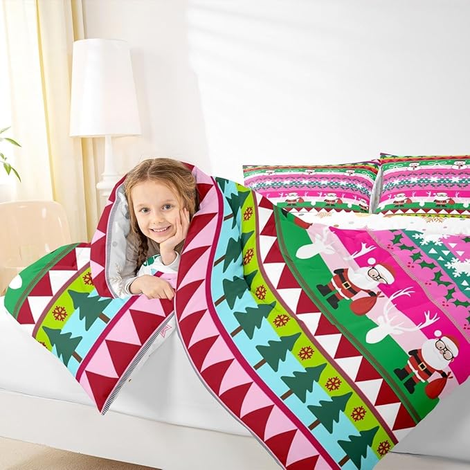 Feelyou Merry Christmas Tree Kids Comforter Set Queen Size Cute Snowman Bedding Set Santa Claus Duvet Quilt for Kids Boys Girls Bedroom Cartoon Bowknot Decor Microfiber Ultra Soft Breathable