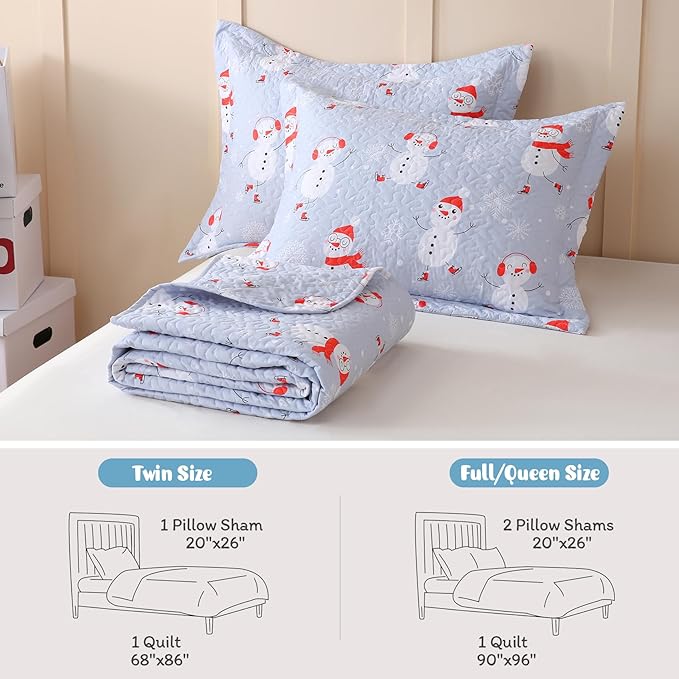 JSD Blue Snowman Christmas Kids Quilt Set Twin Size, 2 Pcs Christmas Bedding, Soft Microfiber Printed Bedspread Coverlet Holiday Quilted Blanket