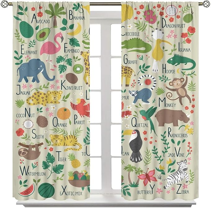 Kid Alphabet Curtains Funny Cartoon Animal Cute Educational Learning Colorful Curtain with Rod Pocket for Bedroom Living Room Decor Drapes Window Treatments 2 Panels Set 42" W X 45" L