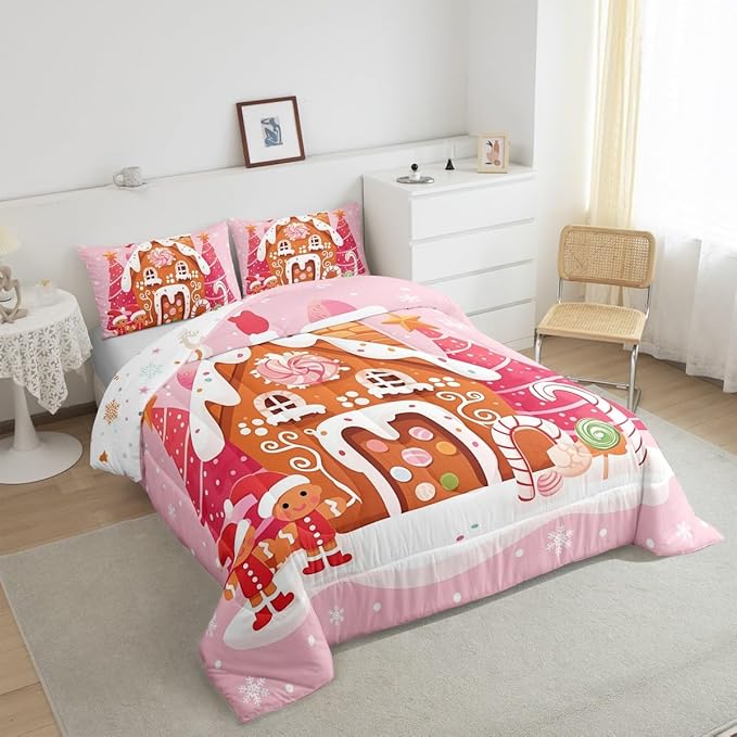 jejeloiu Kids Christmas Theme Comforter Set Full Size Cute Gingerbread Man Bedding Set for Boys Girls Teens Pink Xmas Tree Candy House Winter Snowflake New Year Duvet Quilt Room Decor